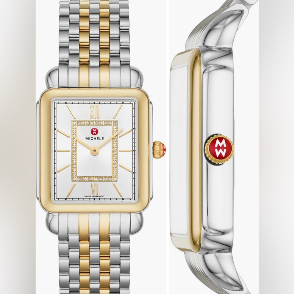 NWT Michele Deco II Two-Tone Diamond Bracelet Watch, 30mm - 0.11ct